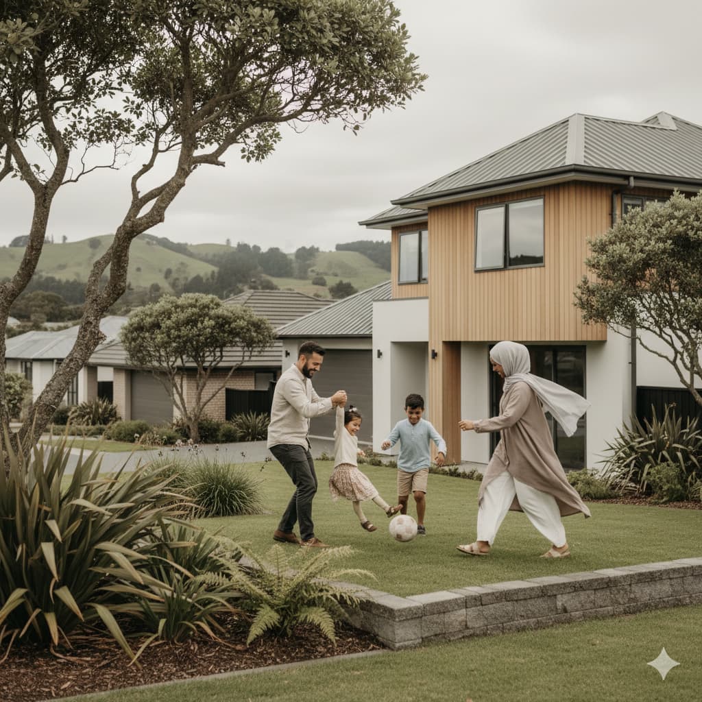 Family playing in front of their home